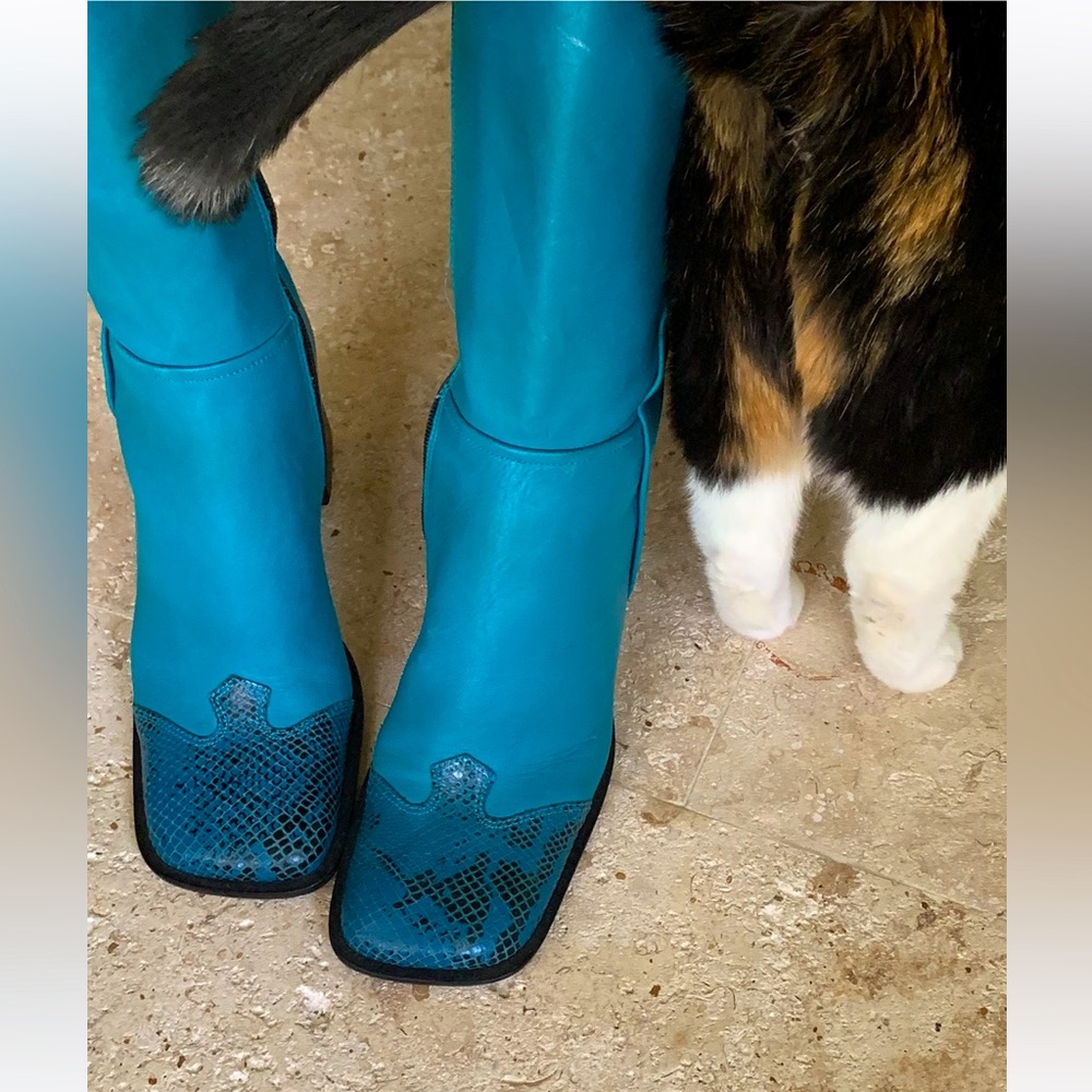 Blue Square Toed Boots with Snake Print